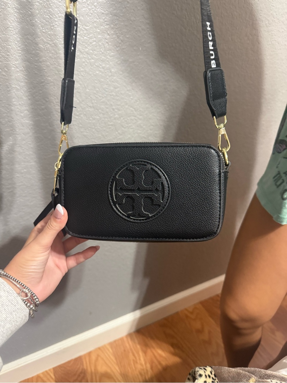 Tory Burch Black Pebbled Leather Camera Crossbody with Logo